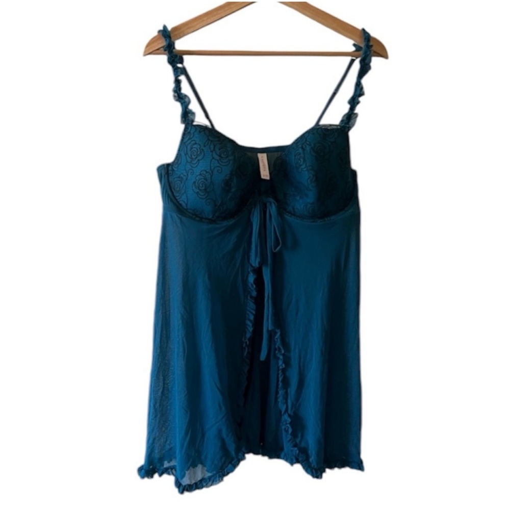Cacique black lace & teal ruffle trimmed underwire bra split front lingerie